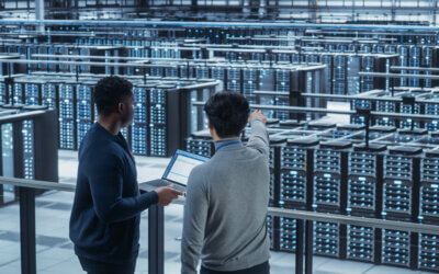 Two engineers looking at data center.