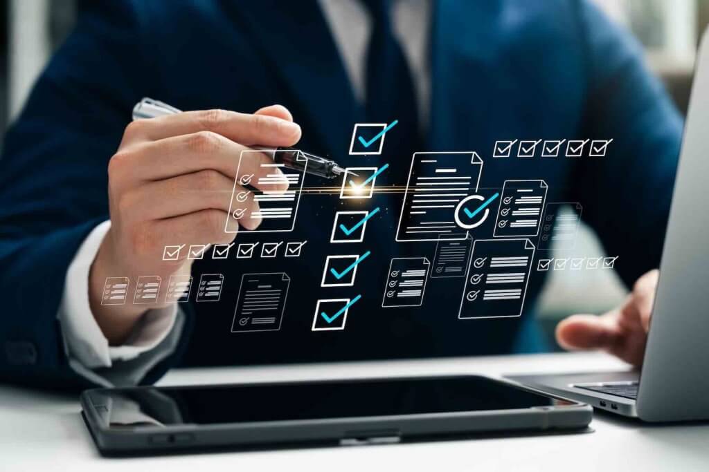 Digital checklist and workflow validation on tablet, representing structured processes and compliance.