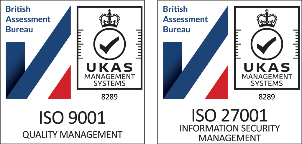 ISO 9001 and ISO/IEC 27001 certification badges for quality management and information security